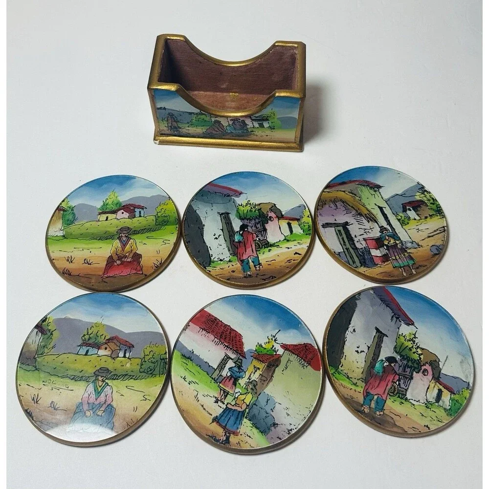 Peru Reverse Painted Glass & Wood Coasters Village Folk Art  Set of 6 w/ Holder